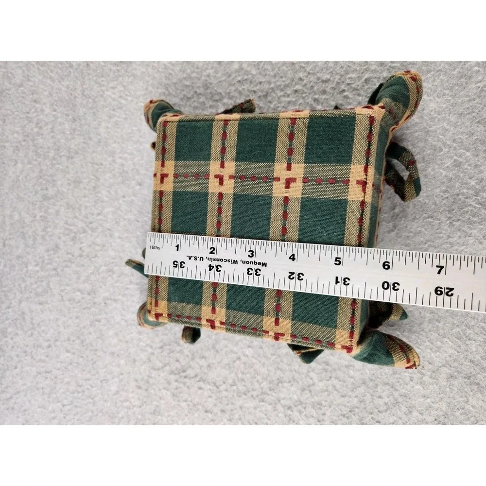 Farmhouse Country Fabric Cloth Bread Basket Side Ties Square Green & Red Plaid